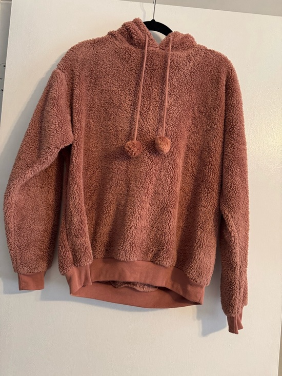 No Label Sweaters - Cozy Plush Pom-Detail Hooded Pullover in Dusty Rose